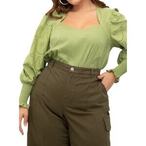 ELOQUII Womens Elements‎ Eyelet Lace Peasant Top Green Plus SZ 22 New with Tags